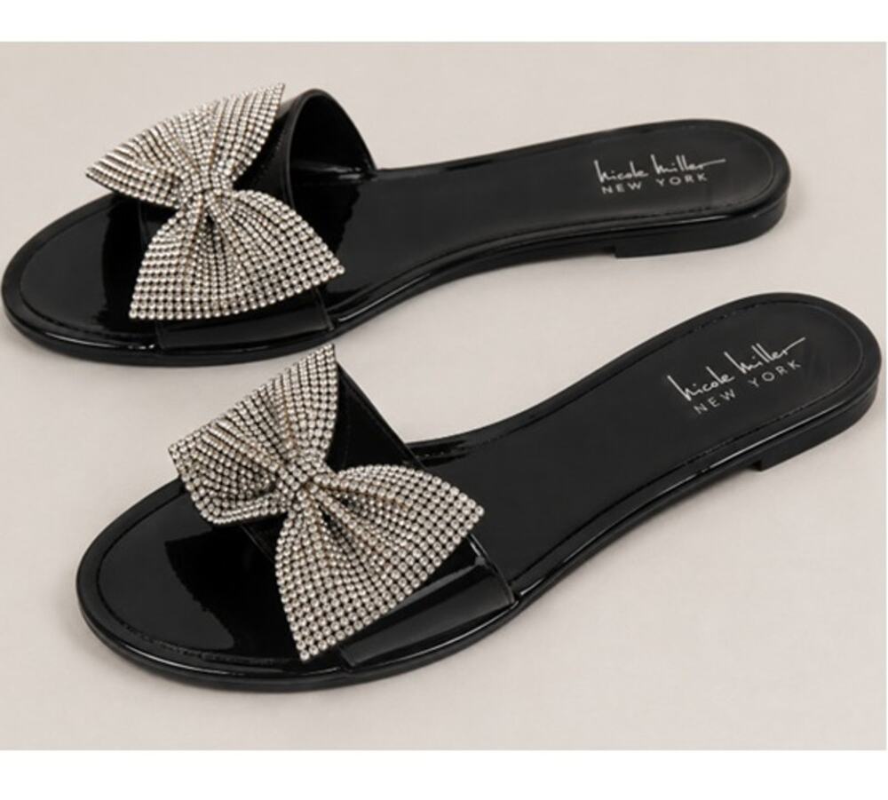 Nicole Miller Fawn Rhinestone Bow Slide Sandals Black Jelly Flats Womens 9 NWOT